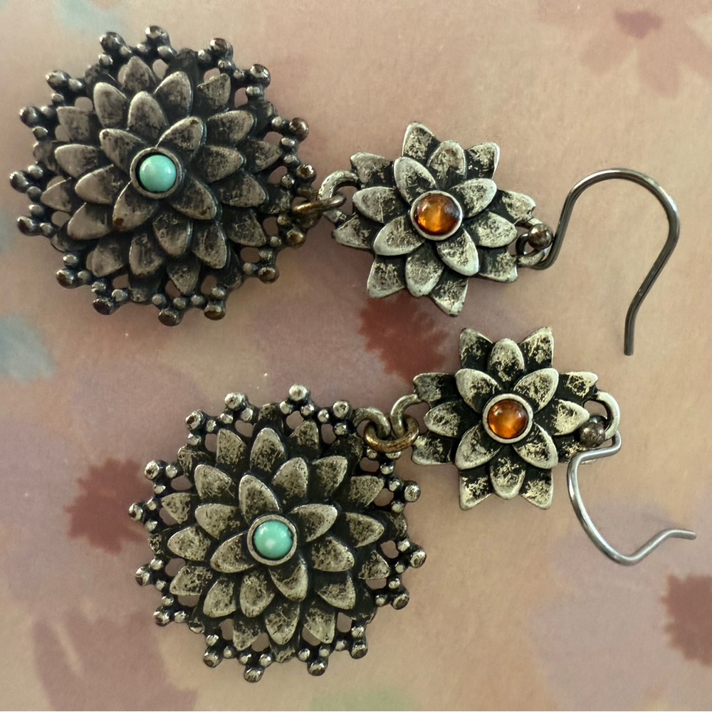 Floral Antique Earrings with Turquoise and Amber Accents